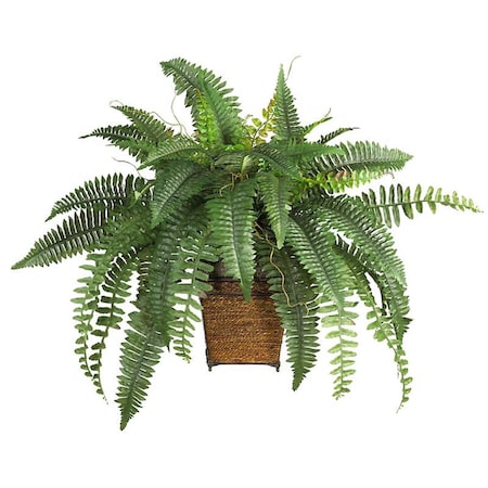 Nearly Natural Boston Fern with Wood Wicker Basket Silk Plant- Green 6549